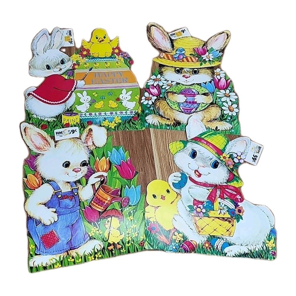 Lot 4 Vintage Easter Die Cut Decorations Bunny Rabbit Duck Eggs HMS #206-209 USA